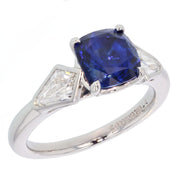 Cushion Sapphire with Kite Shaped Diamonds in Platinum Ring