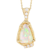Opal with Diamonds in Textured Yellow Gold Pendant