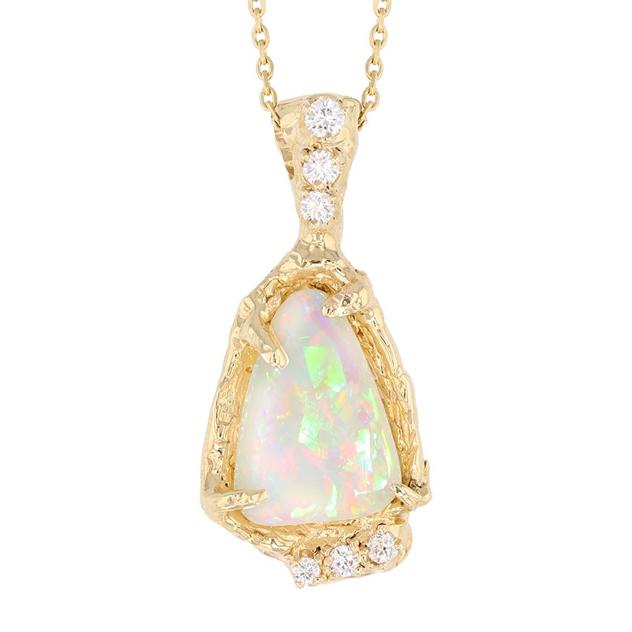 Opal with Diamonds in Textured Yellow Gold Pendant