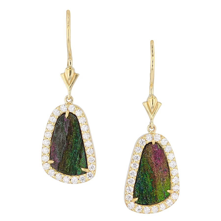 Rainbow Hematite in Diamond Halo Yellow Gold Dangle Earrings