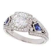 Round Diamond with Kite-Shaped Sapphires in Platinum Halo Ring