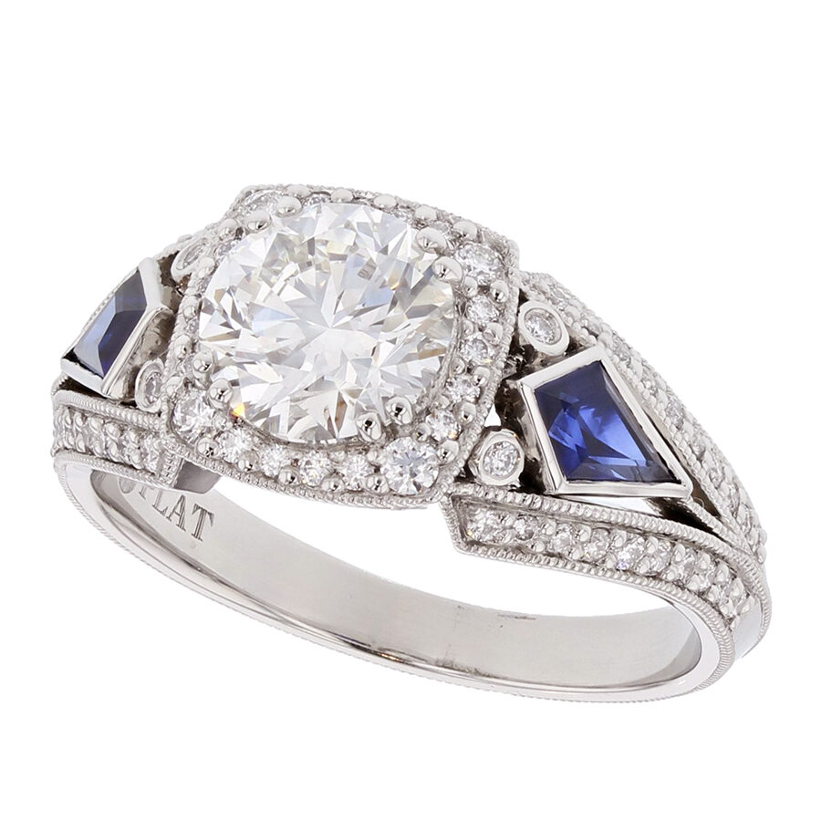 Round Diamond with Kite-Shaped Sapphires in Platinum Halo Ring