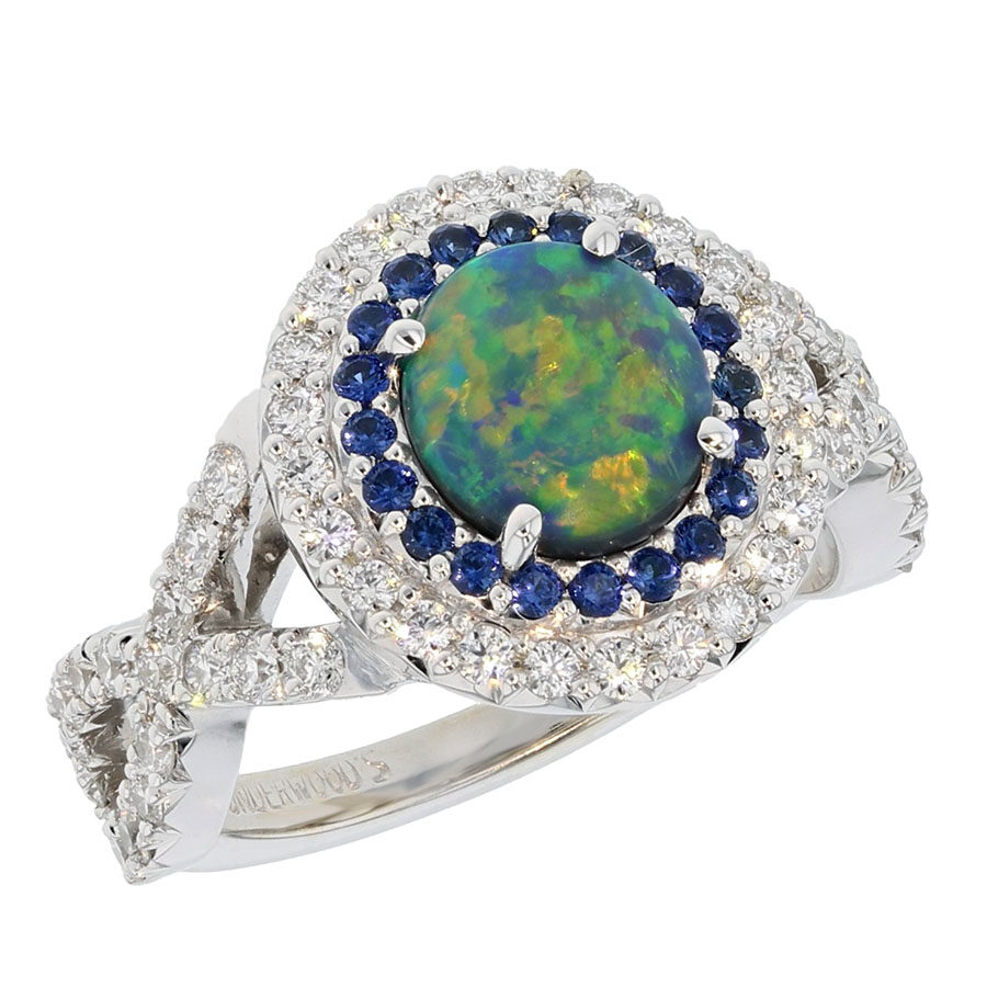Black Opal in Double Halo Twist Shank Ring