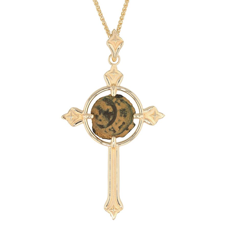 Ancient "Widow's Mite" Coin in Yellow Gold Cross Necklace