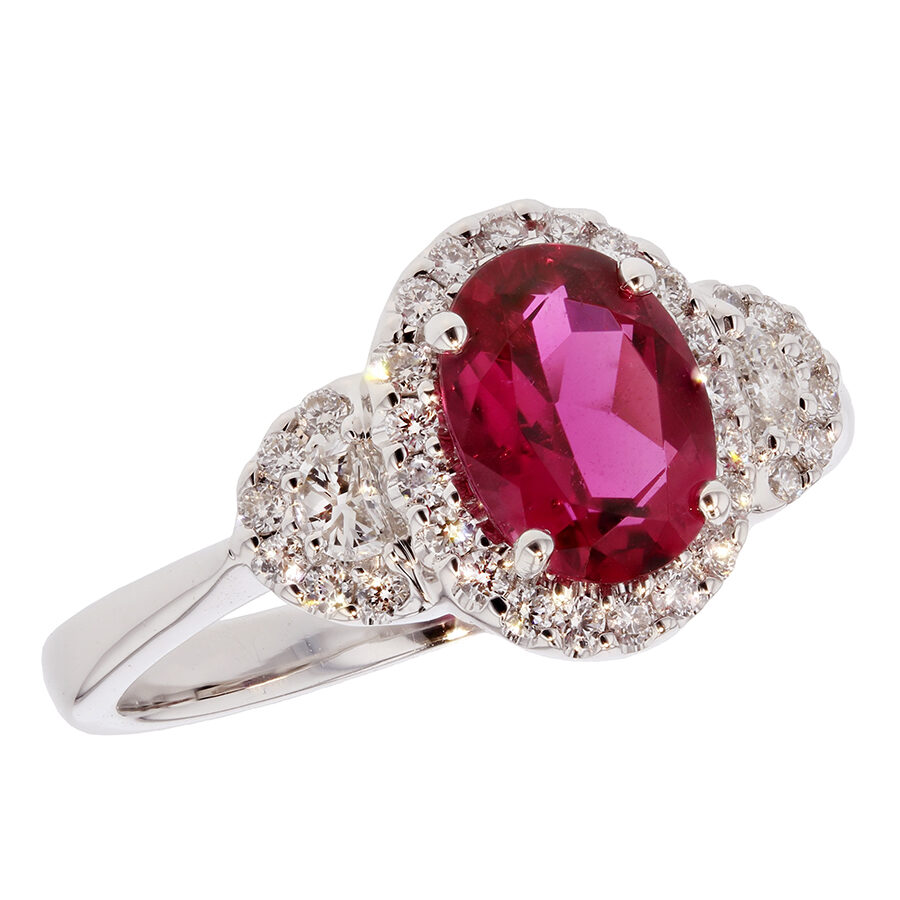 LDRXC0462 Oval Rubellite in White Gold Halo Ring - Underwoods Fine Jewelers